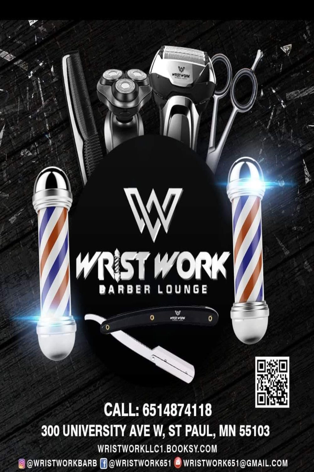 Wrist Work Barber Lounge flyer — call 651-487-4118, 300 University Ave W, Saint Paul, MN 55103